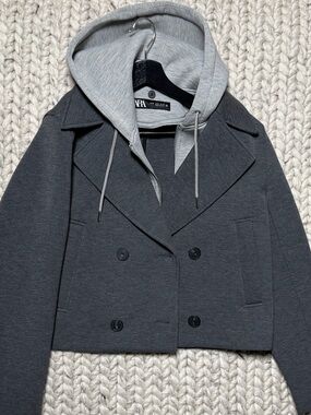 ZARA-Cropped Double-Breasted Jacket with Light Gray Hood - Charcoal & Light Gray